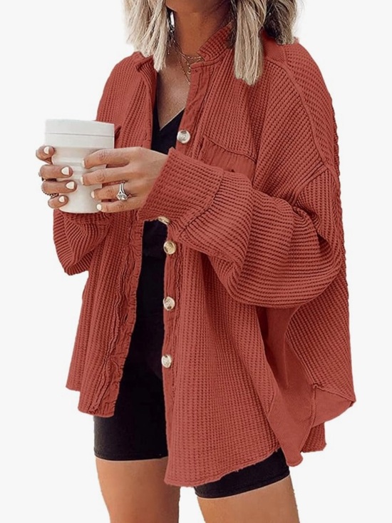 Rust Waffle Knit Button-Up Shacket - Picture 2 of 4